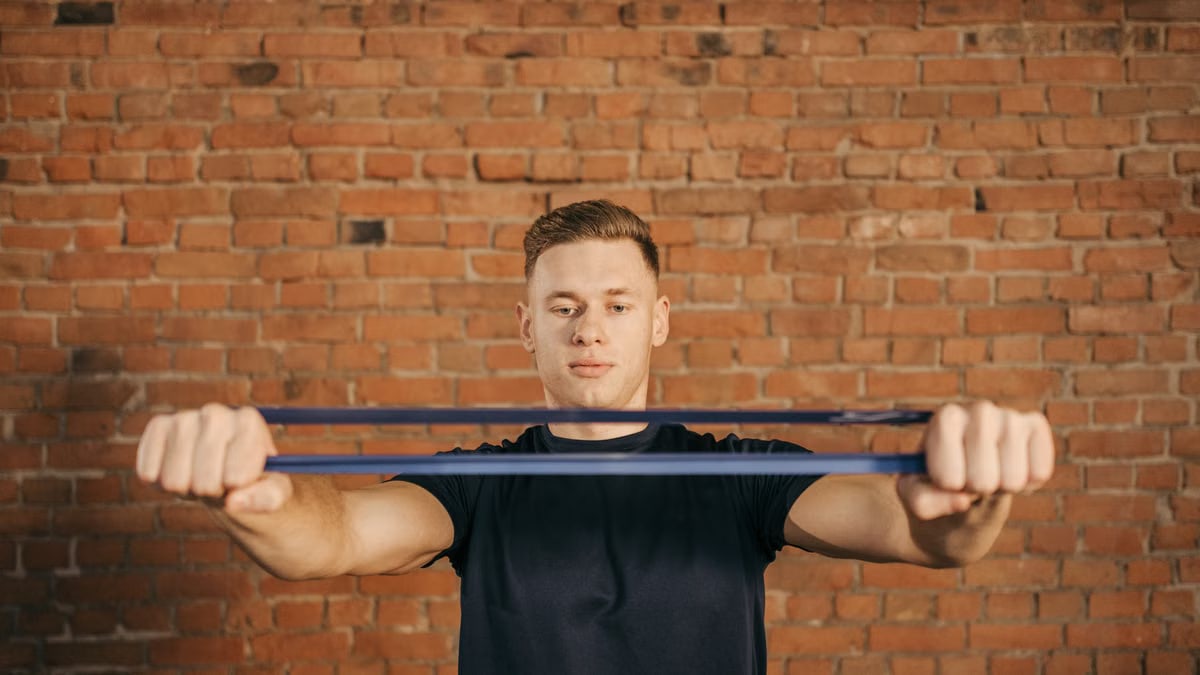 Man using resistance band against brick wall for fitness exercise.